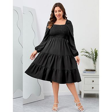 Plus Size Floral Dresses Women's Long Sleeve Square Neck Smocked Flowy Ruffle A Line Maxi Dress