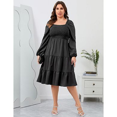 Plus Size Floral Dresses Women's Long Sleeve Square Neck Smocked Flowy Ruffle A Line Maxi Dress