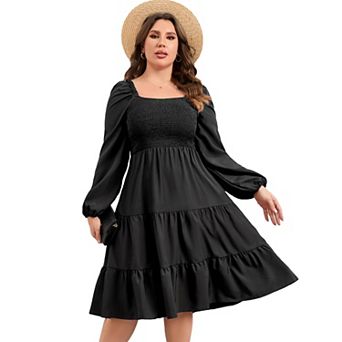 Plus Size Floral Dresses Women's Long Sleeve Square Neck Smocked Flowy Ruffle A Line Maxi Dress