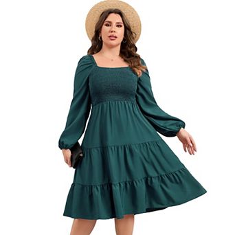 Plus Size Floral Dresses Women's Long Sleeve Square Neck Smocked Flowy Ruffle A Line Maxi Dress