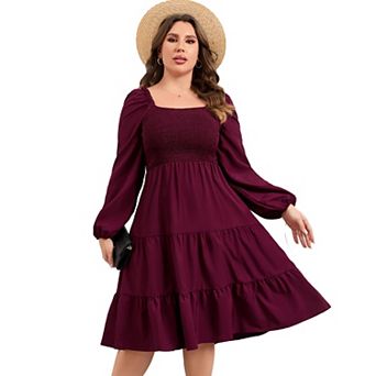 Plus Size Floral Dresses Women's Long Sleeve Square Neck Smocked Flowy Ruffle A Line Maxi Dress