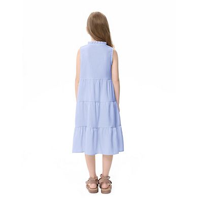 Girls Sleeveless Ruffle Dress Fungus Collar Bow Midi Dresses 3-12 Years
