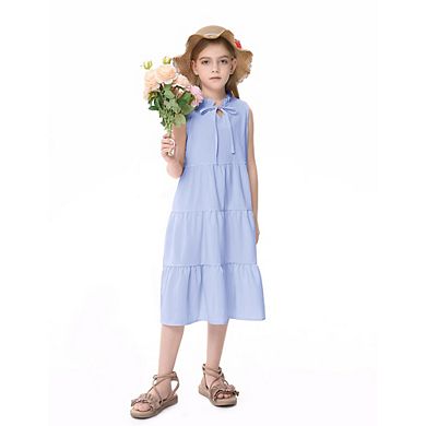 Girls Sleeveless Ruffle Dress Fungus Collar Bow Midi Dresses 3-12 Years