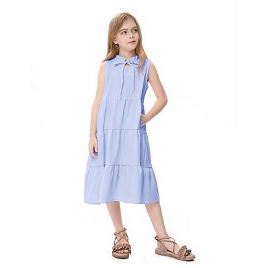 Girls Sleeveless Ruffle Dress Fungus Collar Bow Midi Dresses 3-12 Years
