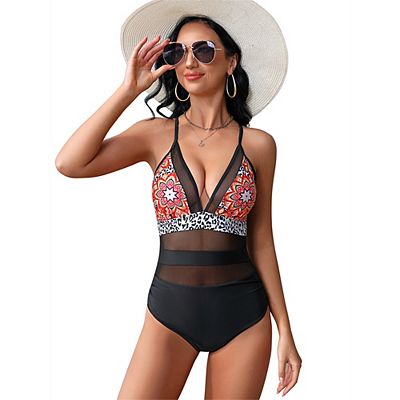 Womens Mesh Swimsuit One Piece V Neck Swimsuits Tummy Control High Waisted Cross Back Swimwears