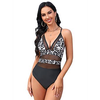 Womens Mesh Swimsuit One Piece V Neck Swimsuits Tummy Control High Waisted Cross Back Swimwears