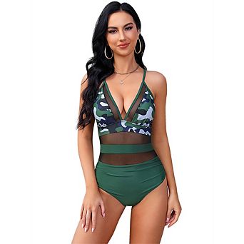 Womens Mesh Swimsuit One Piece V Neck Swimsuits Tummy Control High Waisted Cross Back Swimwears