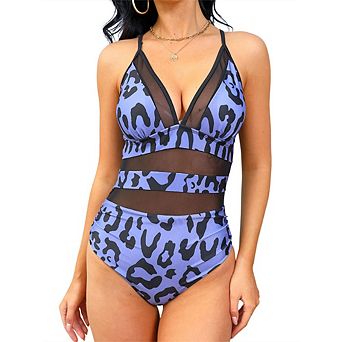 Womens Mesh Swimsuit One Piece V Neck Swimsuits Tummy Control High Waisted Cross Back Swimwears