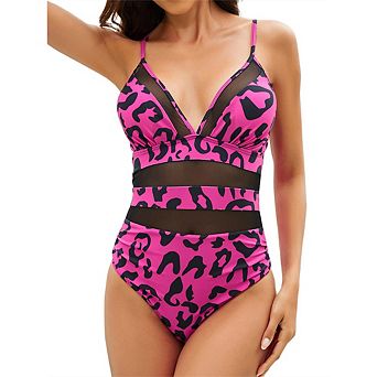 Womens Mesh Swimsuit One Piece V Neck Swimsuits Tummy Control High Waisted Cross Back Swimwears