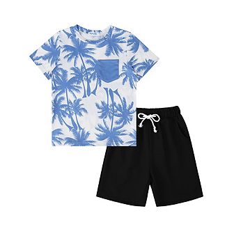 Boy Shorts Sets Hawaiian Outfit Kid Leaves Floral Short Sleeve Shirt Top+shorts Suits