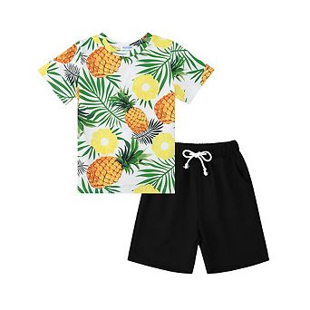 Boy Shorts Sets Hawaiian Outfit Kid Leaves Floral Short Sleeve Shirt Top+shorts Suits