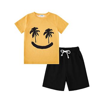 Boy Shorts Sets Hawaiian Outfit Kid Leaves Floral Short Sleeve Shirt Top+shorts Suits