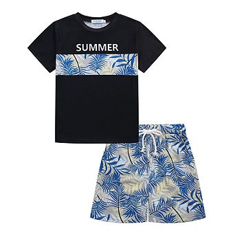 Boy Shorts Sets Hawaiian Outfit Kid Leaves Floral Short Sleeve Shirt Top+shorts Suits