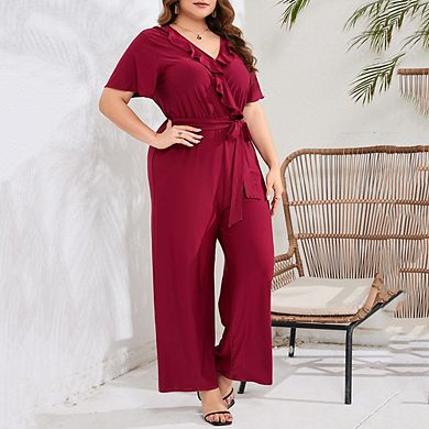 Women Plus Size Ruffle V Neck Short Sleeve Wide Leg Jumpsuits Summer Casual Belted Rompers