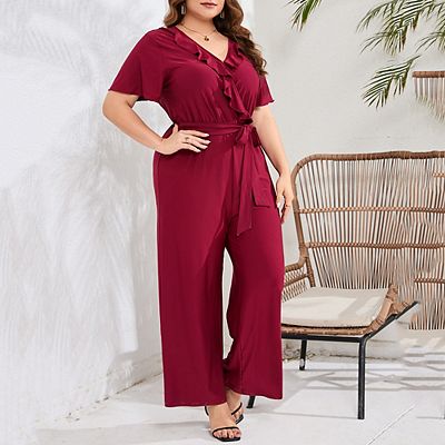 Women Plus Size Ruffle V Neck Short Sleeve Wide Leg Jumpsuits