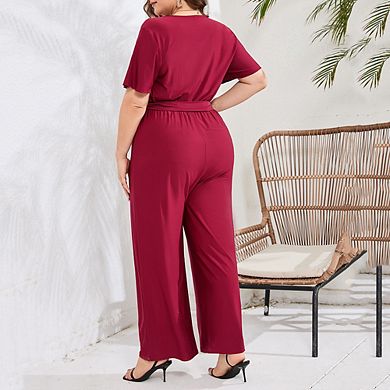 Women Plus Size Ruffle V Neck Short Sleeve Wide Leg Jumpsuits Summer Casual Belted Rompers