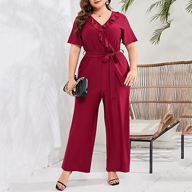 Women Plus Size Ruffle V Neck Short Sleeve Wide Leg Jumpsuits Summer Casual Belted Rompers