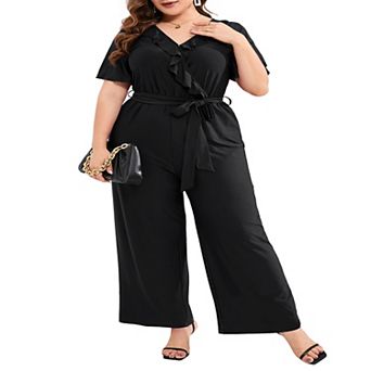 Women Plus Size Ruffle V Neck Short Sleeve Wide Leg Jumpsuits Summer Casual Belted Rompers