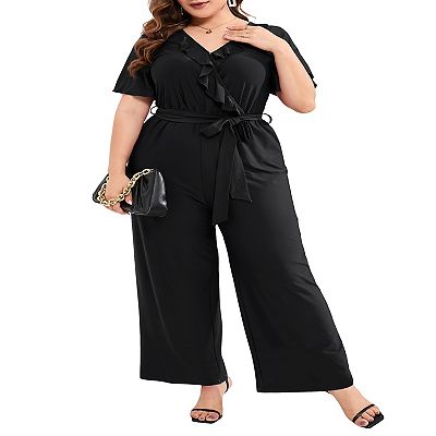 Women Plus Size Ruffle V Neck Short Sleeve Wide Leg Jumpsuits