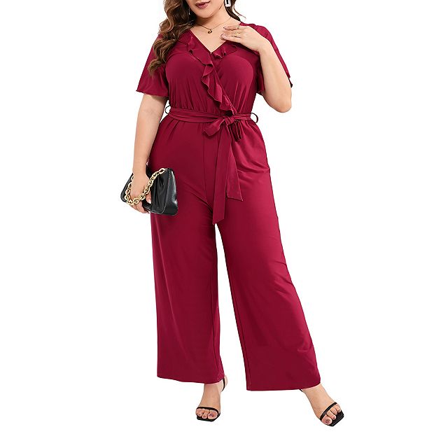 Women Plus Size Ruffle V Neck Short Sleeve Wide Leg Jumpsuits Summer Casual Belted Rompers