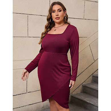 Women's Plus Size Dress Charming Bodycon Long Sleeve Square Neck Basic Midi Party Dress