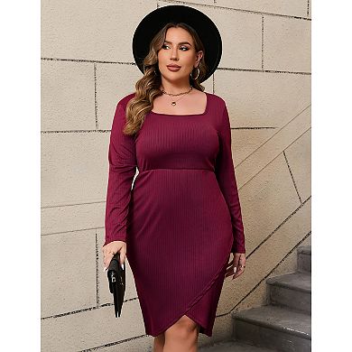 Women's Plus Size Dress Charming Bodycon Long Sleeve Square Neck Basic Midi Party Dress