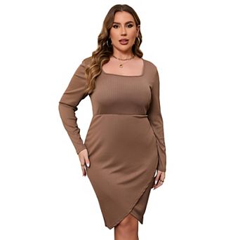 Women's Plus Size Dress Charming Bodycon Long Sleeve Square Neck Basic Midi Party Dress