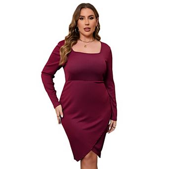 Women's Plus Size Dress Charming Bodycon Long Sleeve Square Neck Basic Midi Party Dress