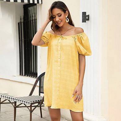 Short Sleeve Dress For Women Wedding Guest Dress Summer Casual Square Neck Button Mini Dresses
