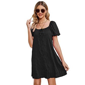 Short Sleeve Dress For Women Wedding Guest Dress Summer Casual Square Neck Button Mini Dresses