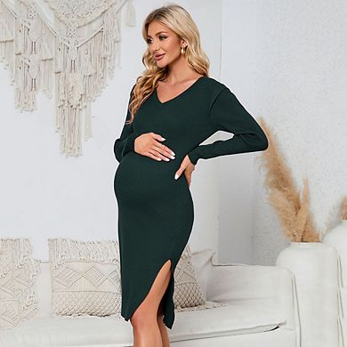 Women's Maternity Sweater Dress Rib Knit Long Sleeve Bodycon Side Slit Midi Dress