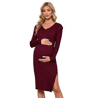 Women's Maternity Sweater Dress Rib Knit Long Sleeve Bodycon Side Slit Midi Dress