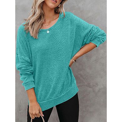 Womens Oversized Sweatshirts Crewneck Wafflle Knit Long Sleeve Side Slit Pullover Sweatshirt Tops