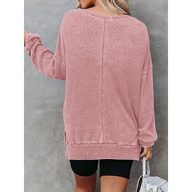 Womens Oversized Sweatshirts Crewneck Wafflle Knit Long Sleeve Side Slit Pullover Sweatshirt Tops