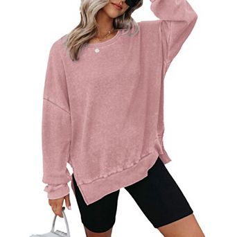 Womens Oversized Sweatshirts Crewneck Wafflle Knit Long Sleeve Side Slit Pullover Sweatshirt Tops