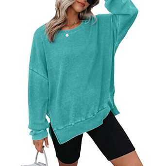 Womens Oversized Sweatshirts Crewneck Wafflle Knit Long Sleeve Side Slit Pullover Sweatshirt Tops