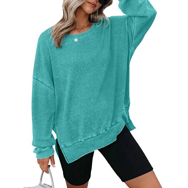 Womens Oversized Sweatshirts Crewneck Wafflle Knit Long