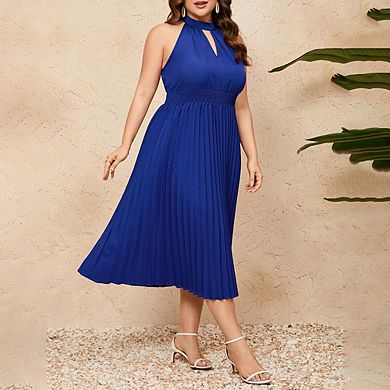 Women's Plus Size Halter Neck Sleeveless Pleated Midi Dress Summer Backless Flowy Beach Sundress