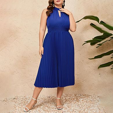 Women's Plus Size Halter Neck Sleeveless Pleated Midi Dress Summer Backless Flowy Beach Sundress