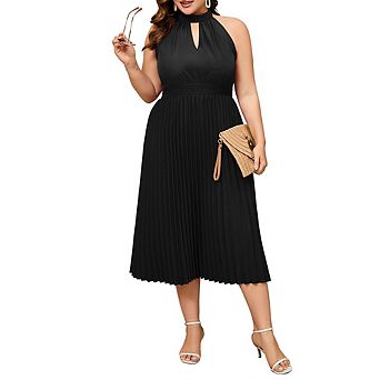 Women's Plus Size Halter Neck Sleeveless Pleated Midi Dress Summer Backless Flowy Beach Sundress
