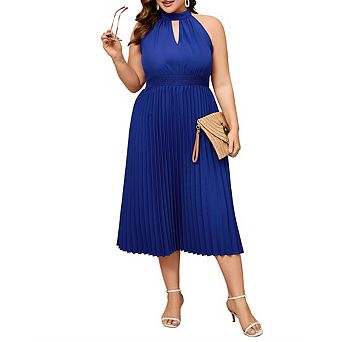 Women's Plus Size Halter Neck Sleeveless Pleated Midi Dress Summer Backless Flowy Beach Sundress