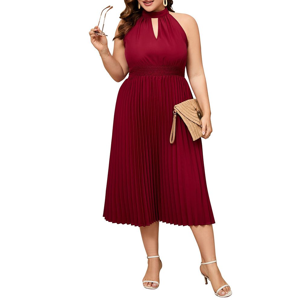 Women's Plus Size Halter Neck Sleeveless Pleated Midi Dress Summer Backless  Flowy Beach Sundress
