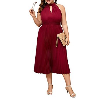 Women's Plus Size Halter Neck Sleeveless Pleated Midi Dress Summer Backless Flowy Beach Sundress