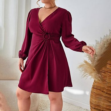 Women's Plus Size V Neck Wrap Casual Long Sleeve High Waist Party Business Work Midi Dress