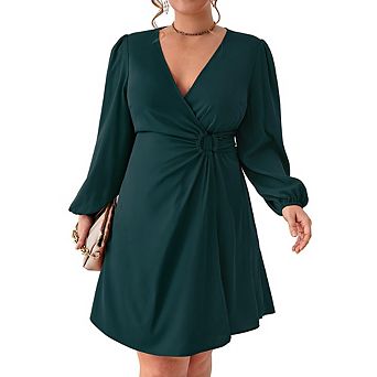 Women's Plus Size V Neck Wrap Casual Long Sleeve High Waist Party Business Work Midi Dress