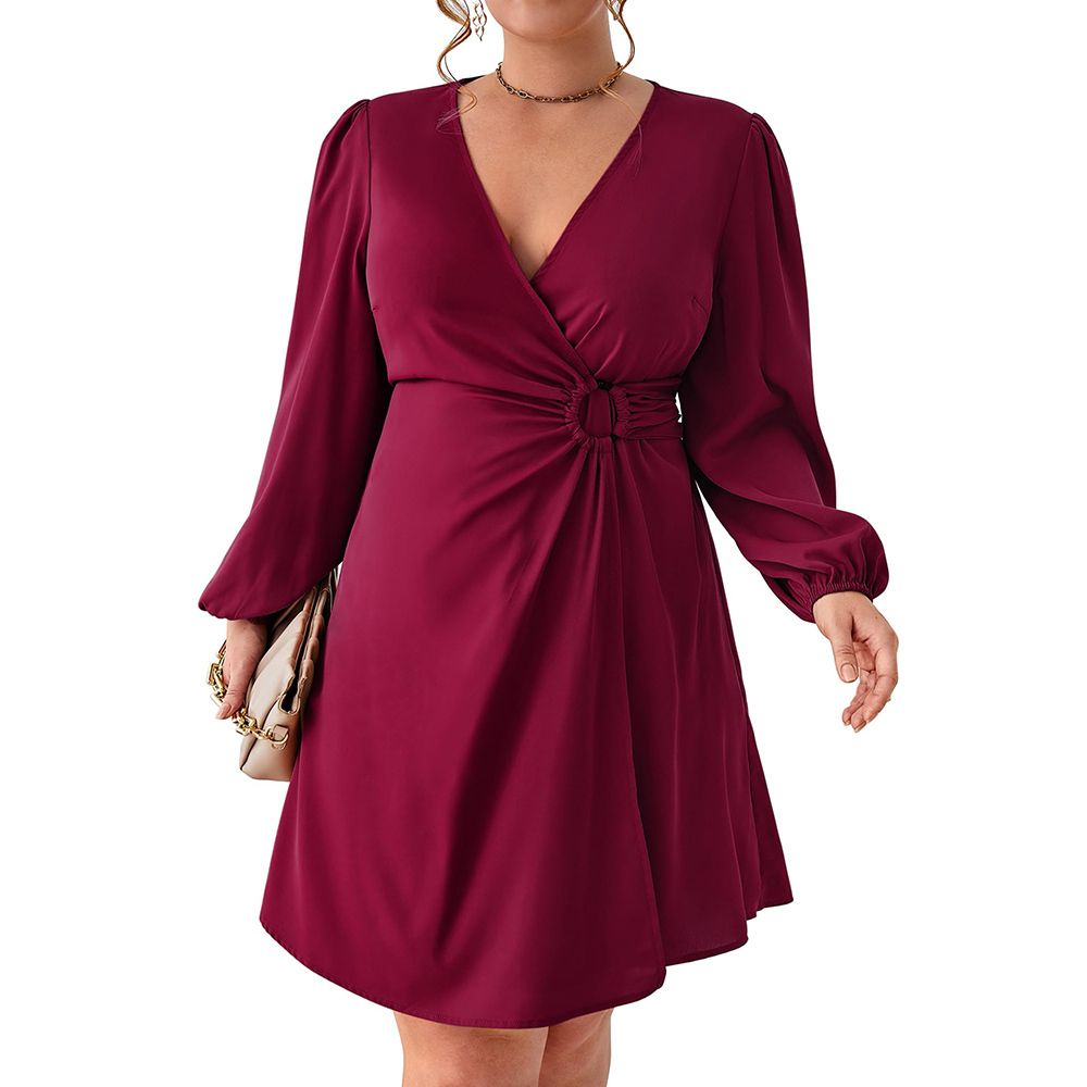 Women's Plus Size V Neck Wrap Casual Long Sleeve High Waist Party Business  Work Midi Dress