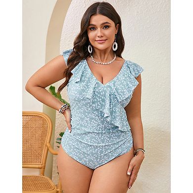 Womens Plus Size Swimsuits Ruffled One Piece Flounce Sleeve Swimwear V Neck Bathing Suit