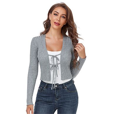 Cropped Cardigan For Women Casual V Neck Knitted Tie Up Open Front Shrug Sweater