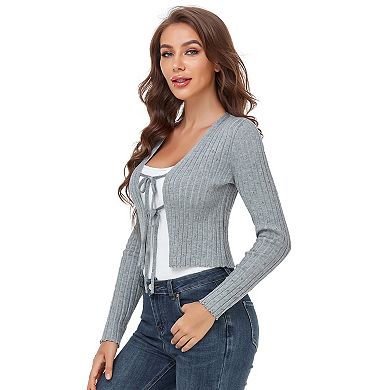 Cropped Cardigan For Women Casual V Neck Knitted Tie Up Open Front Shrug Sweater