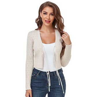 Cropped Cardigan For Women Casual V Neck Knitted Tie Up Open Front Shrug Sweater